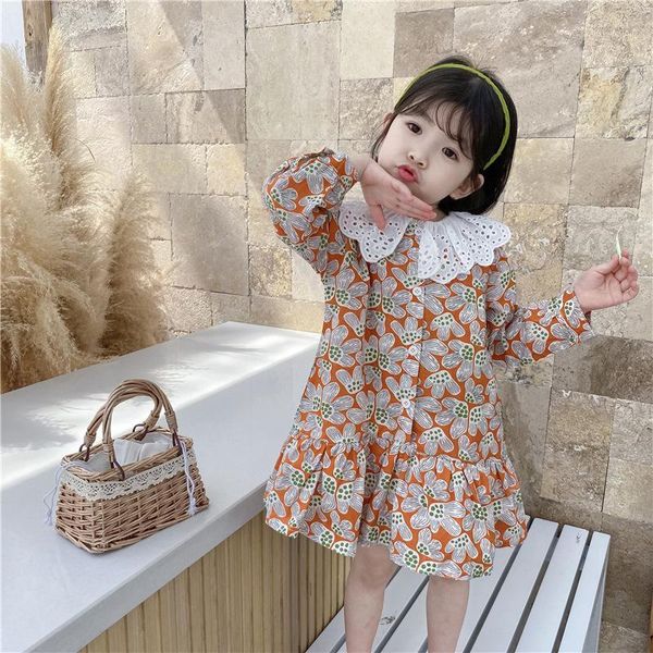 

girl's dresses 2021 spring arrival girls fashion flroal kids cotton lace collar dress1, Red;yellow