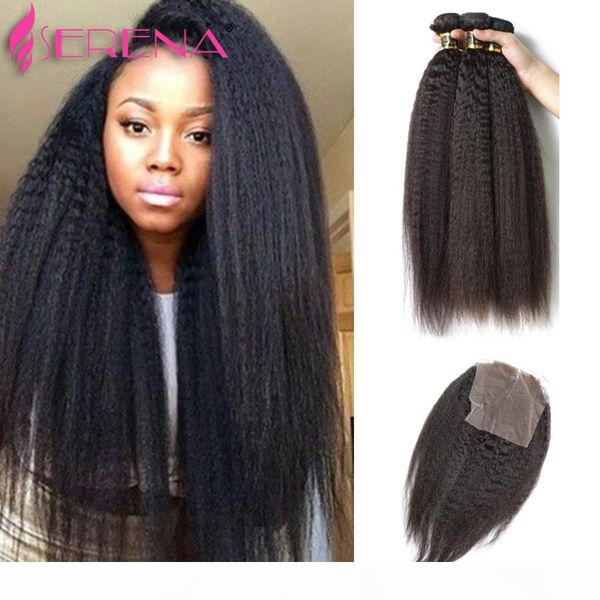 

8a kinky straight lace frontal closure with bundles straight yaki straight coarse yaki human brazilian virgin hair with closure, Black;brown