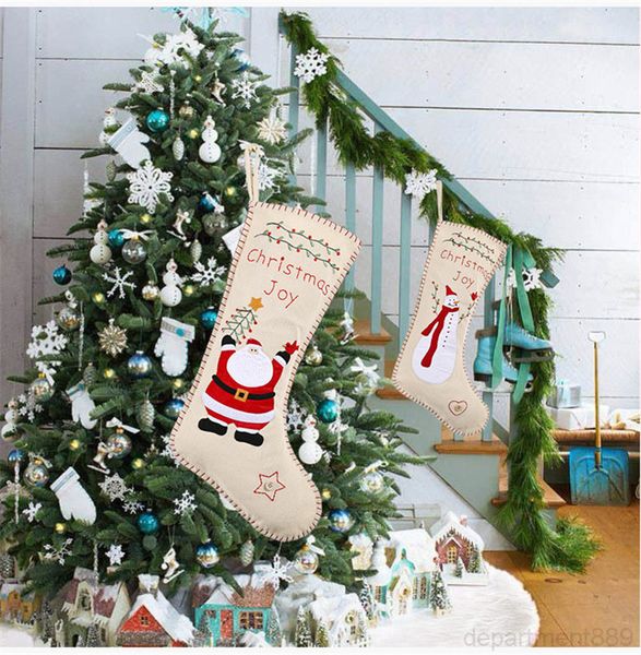 

a-christmas socks 46*18cm kids gift candy bag santa snowman design burlap embroidery xmas decorative stocking gwe1703