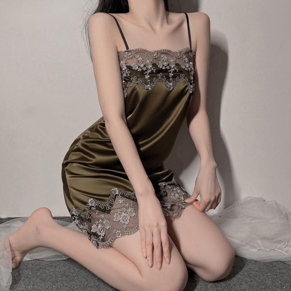 

costumes lace solid color thin satin female temptation backless sling nightdress fashion embroidered strap clothing 2021 new 59jc, Black