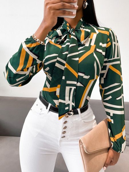 

sxy geo print tie neck blouse n9fn#, White