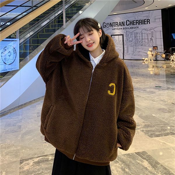 

2021 new korean winter men's lamb wool jackets parkas thicken warm women oversized coats letter c embroidery men jacket vjj2, Black