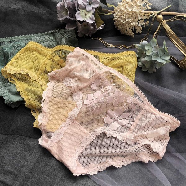 

hollow mesh embroidery women's low waist underwear cotton bottom breathable triangle underwear women, Black;pink