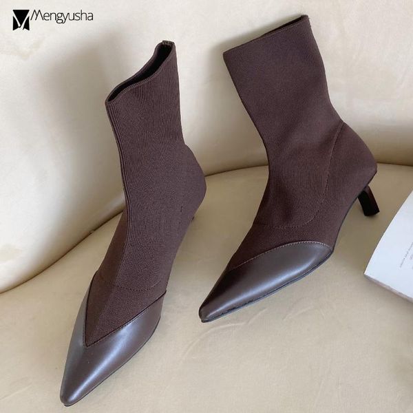 

ladies pointed toe sock boots leather patchwork knitting botines mujer pencil heels stretch fabric short botas women 2020, Black
