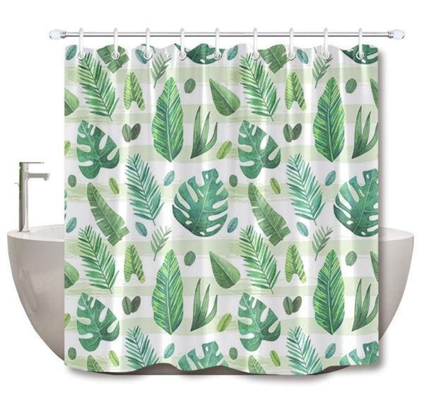 

lb tropical green coconut banana palm leaf bathroom white shower curtain stripe plant nature waterproof fabric for bathtub decor