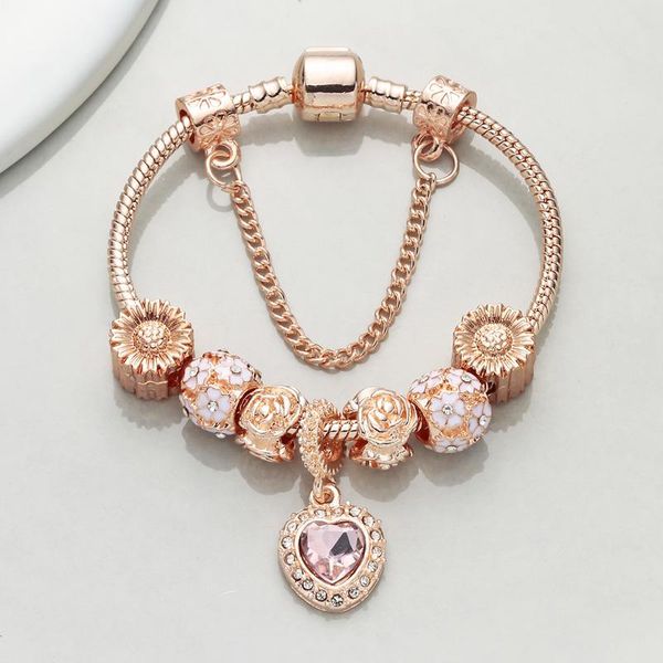 

charm bracelets chieloys european fashion rose gold snake chain beacelet with heart pendant crystal beads fine jewelry pulseras, Golden;silver