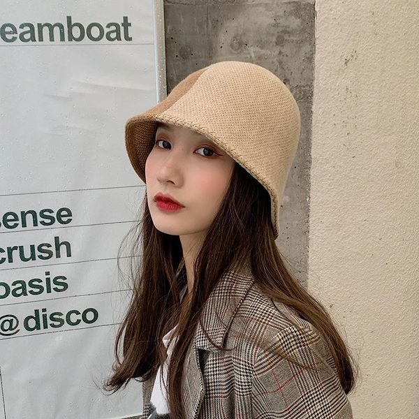 

wide brim hats design autumn winter soft cotton female patchwork korean style ease match street fashion outing casual knitted bucket hat, Blue;gray