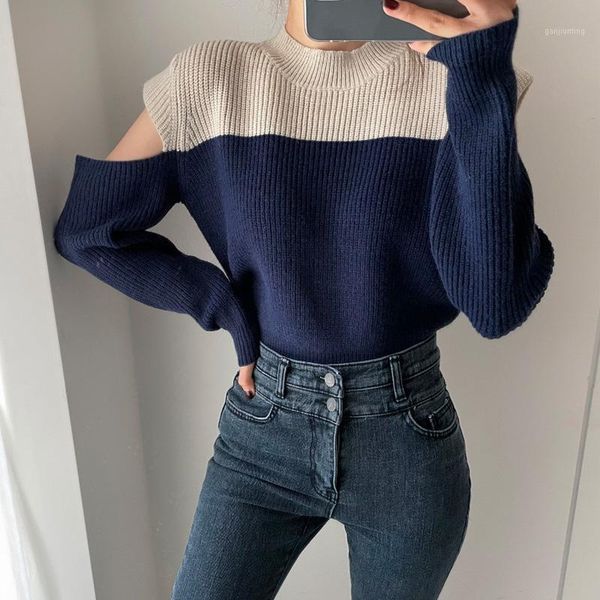

women long sleeve patchwork knitted sweater off shoulder bottoming pullovers loose women 2020 autumn winter clothes1, White;black