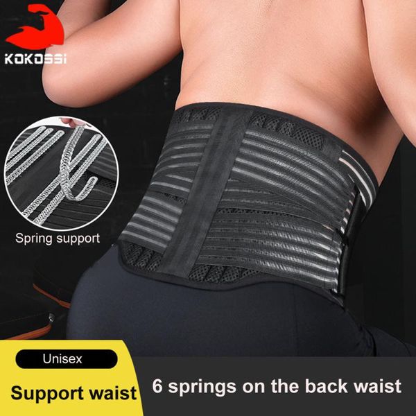

waist support kokossi compression sports protection breathable mesh six elastic spring suooprts perforated sponge pad, Black;gray