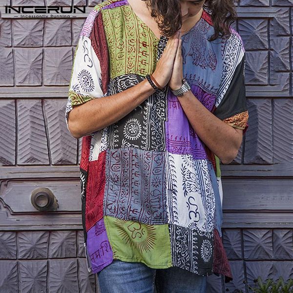 

vintage men printed t shirt 2020 ethnic style short sleeve loose streetwear o neck tee summer casual mens t-shirts incerun1, White;black