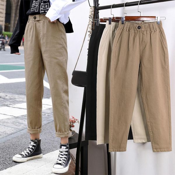 

women harem pants spring summer elastic high waist casual pants straight cargo trousers pantalon femme jean #33, Black;white