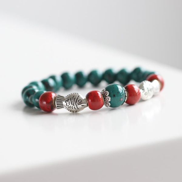 

charm bracelets creative handmade ceramic bracelet red and greenish black beaded porcelain bangles fashion design jewelry women pisces, Golden;silver