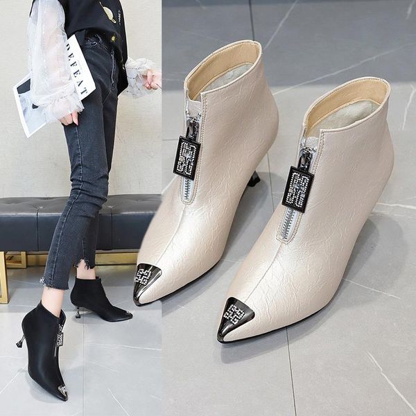 

boots pointed toe ankle women 5.5 cm high heel short brand fashion metal decoration winter ladies warm, Black