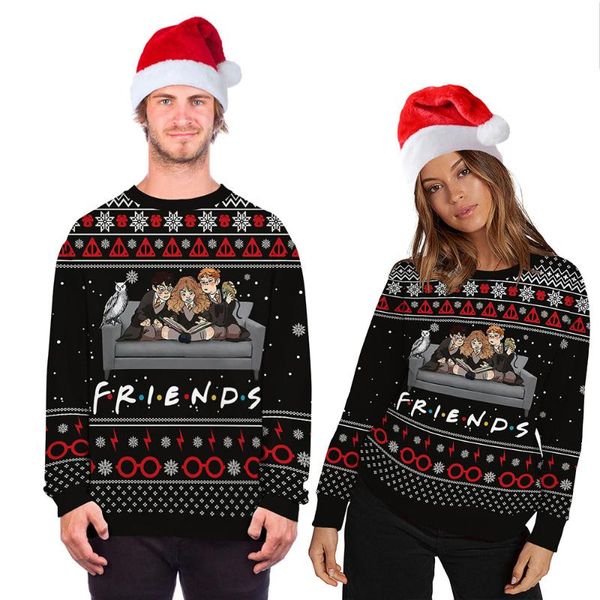 

women's sweaters fashion ugly christmas sweater movie cartoon characters 3d printing round neck couple long sleeve pullover, White;black