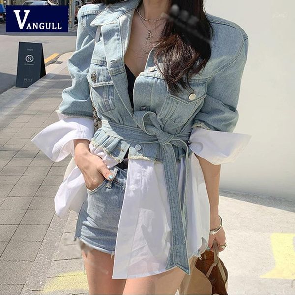 

women's jackets vangull 2021 autumn winter women's denim patchwork sashes lace up outerwear high street fashionable jeans coat1, Black;brown