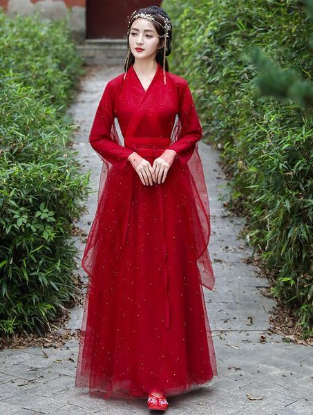 Женщины Hanfu Китайские древние красные свадебные платье причудливые партия танец костюм азиатка для леди телевизионная пленка сцена производительности