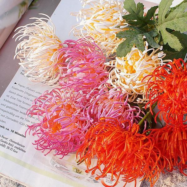 

decorative flowers & wreaths 3 heads golden chrysanthemum branch plastic artificial flores diy wedding home decoration plant green leaves1
