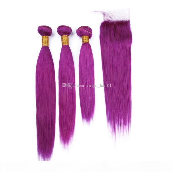 

purple straight hair 3 bundles with lace closure raw indian hair bundles with lace closure 4pcs lot purple hair extension with lace closure, Black;brown
