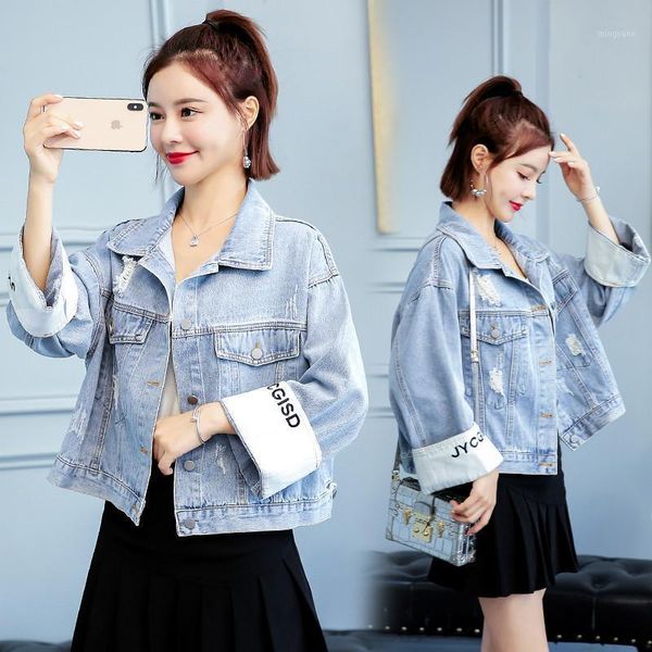 

2020 spring denim jacket blue bomber short jeans jacket autumn casual fashion ripped denim sleeve patchwork jeans jack coat1, Black;brown