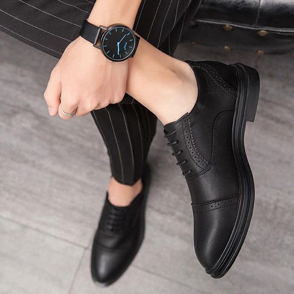 

business oxford leather shoes men lace up breathable formal dress shoes male office wedding party flats footwear mocassin homme #rw1o, Black