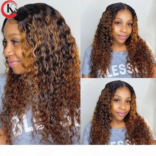 

kungang highlight t-part lace front human hair wigs curly 150% density lace wigs with baby hair brazilian middle ratio non-remy, Black;brown