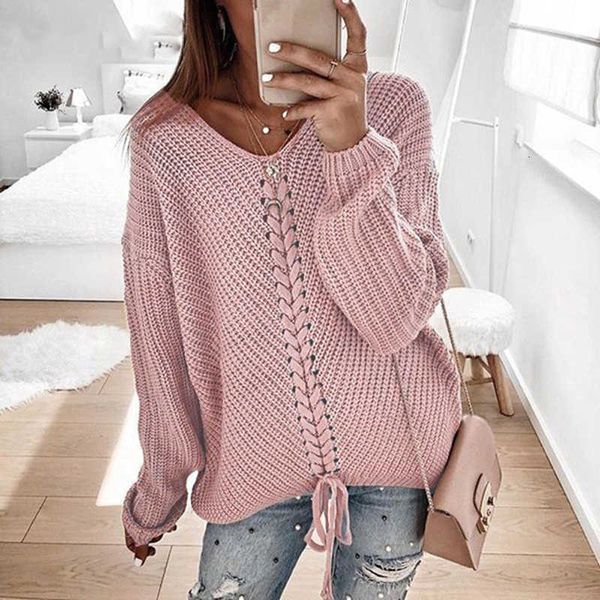

v-neck lace-up knitted sweater plus size long sleeve solid women pullover autumn winter casual sweaters jumper, White;black