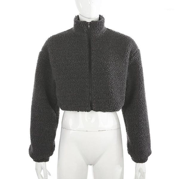 

winter gray fuzzy zipper crop jacket streetwear women warm thicken faux fur coat lambs wool short coats overcoat outerwear1, Black