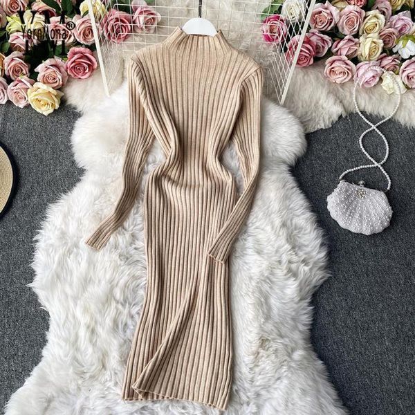 

yornmona 2020 new autumn winter women knitted dress all match turtleneck basic bodycon midi long dress knit warm sweater1, Black;gray