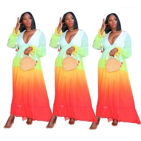 

new women summer dress v neck womens dress fashion gradient color flare sleeve bohemian dress, Black;gray