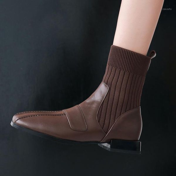 

2020 autumn winter genuine leather knitting ankle boots for women chunky low heels shoes woman working motorcycle boots1, Black