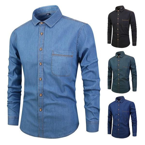 

stylish men denim shirt classic blue long-sleeved shirt cotton casual shirts 2020 spring brand clothes men jeans kk3101, White;black