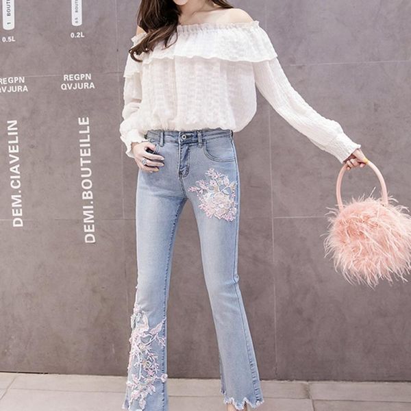 

korean style jeans embroidery beading stretchy skinny jeans high waist korean style women bell-bottom denim pants flare trousers y1214, Blue