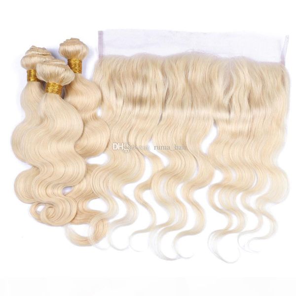 

blonde human hair weaves with lace frontal #613 platinum blonde body wave lace frontal with bundles european hair virgin unprocess bundles, Black;brown