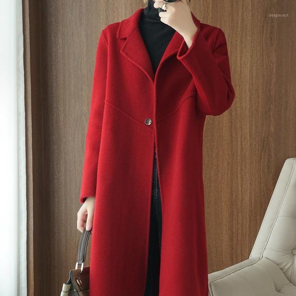 

the new 2021 high-end double-sided cloth coat female long coat hepburn wind small wool coat1, Black