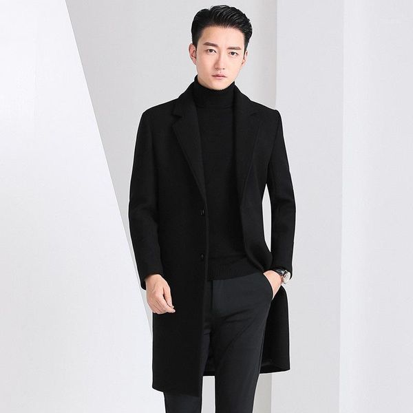 

wool coat men's autumn winter business mid length korean slim thickened windbreaker solid color suit collar casual coat1, Black