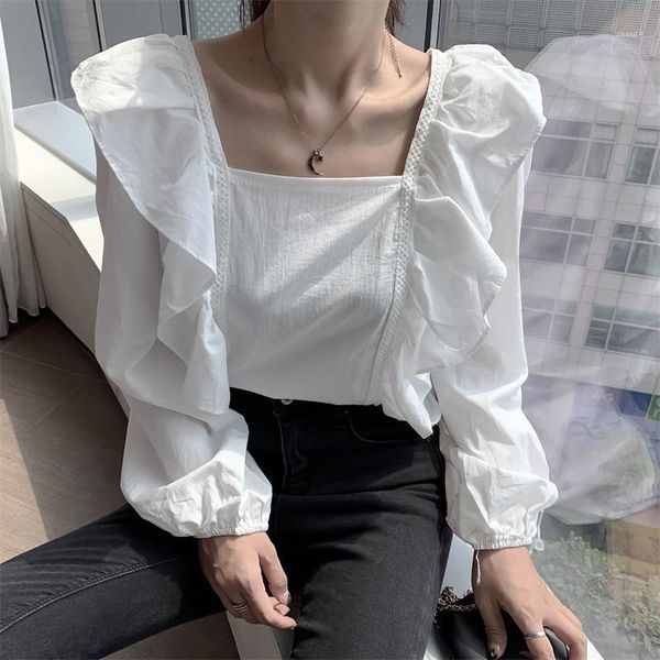 

2020 vintage square collar women's black/white blouse spring summer ruffle long sleeve casual blusas for female new fashion1