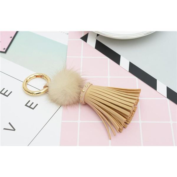 

real mink fur ball key chain with pu leather tassels for women bag key ring holder jewelry pendant neh812 f jllgdz, Silver