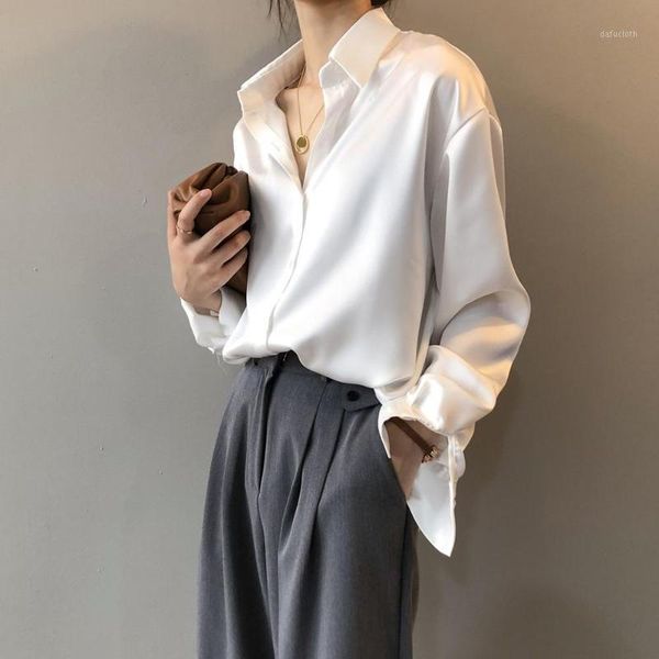 

work wear full sleeve stain shirts women turn-down collar autumn blouses female loose white blusas femininas 20201