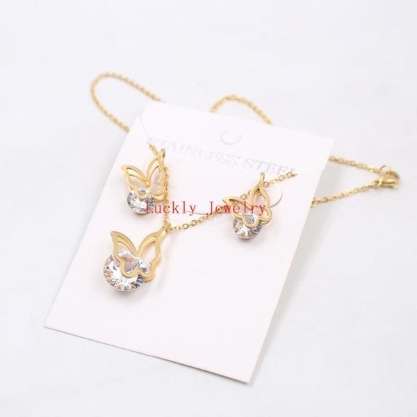 

One Set Jewlery Stainless Steel White Crystals Drill butterfly Necklace Pendant & Studs Earring Gold IN Women Jewelry Set, Silver