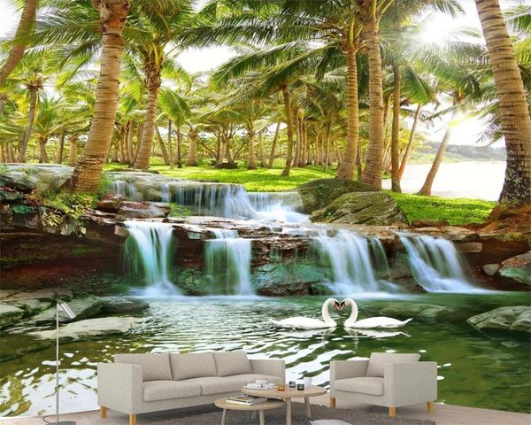 

3d wallpaper scenery in wall stickers coconut forest water waterfall romantic landscape decorative silk 3d mural wallpaper