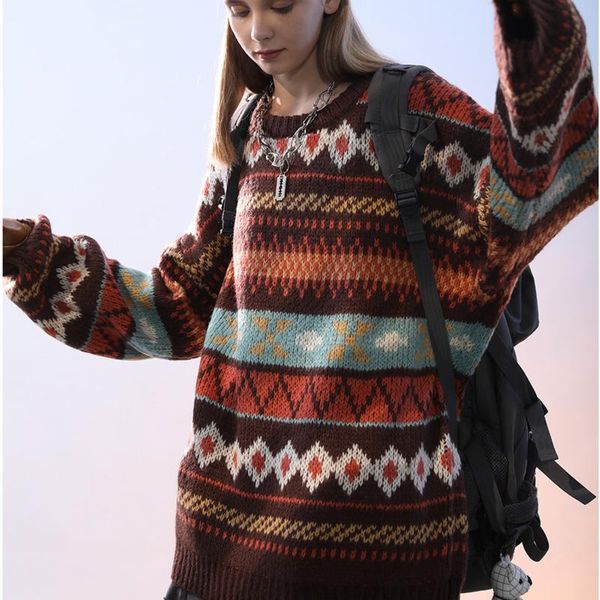 

women autumn winter 2021 new loose print pullover round neck knitted sweater women sweater casual soft, White;black