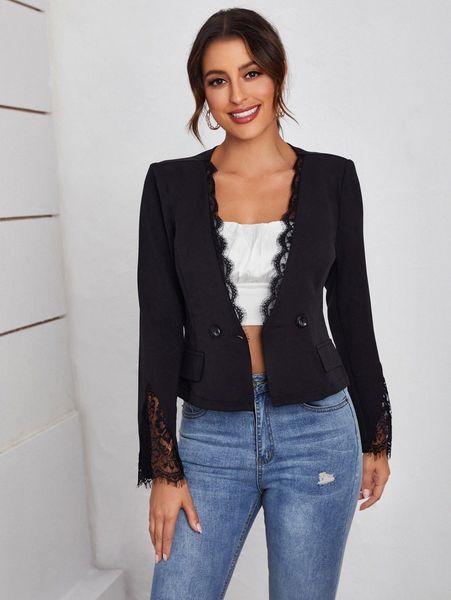 

contrast eyelash lace double button blazer v3nh#, White;black