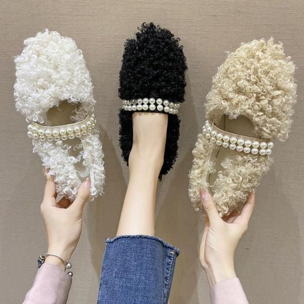 

casual woman shoe female footwear round toe loafers fur soft autumn pearl decorateion all-match dress winter fall boat beading, Black