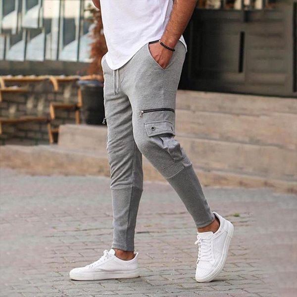 

men pure cotton joggers pants zipper decoration pockets overalls trousers casual pockets mens fitness exercise pencil pants, Black