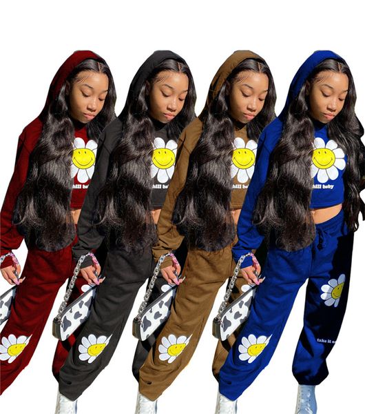 

chill baby letters women tracksuit sweatershirt hooded crop hoodie pants two piece outfit fashion sunflower smiling face sportswear e121603, White