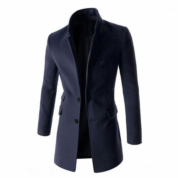 

2020 autumn winter fashion new men's casual boutique woolen blends coat / men's slim single-breasted long windbreaker trench1, Black