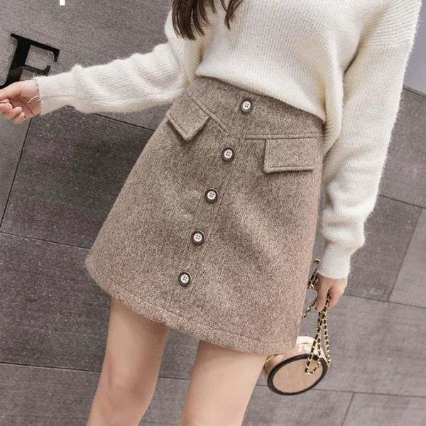 

2021 new autumn single-breasted tweed women high skirt with elegant lady woolen skirts y399 s6i5, Black