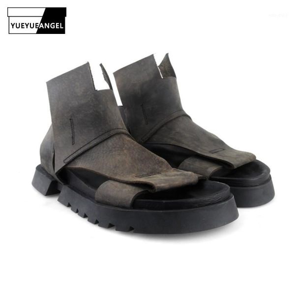 

harajuku designer men high open toe sandals platform shoes luxury vintage genuine leather sandals male new summer gladiator1, Black