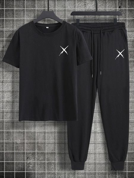 

men brush print tee & drawstring waist sweatpants f3ph#, Gray