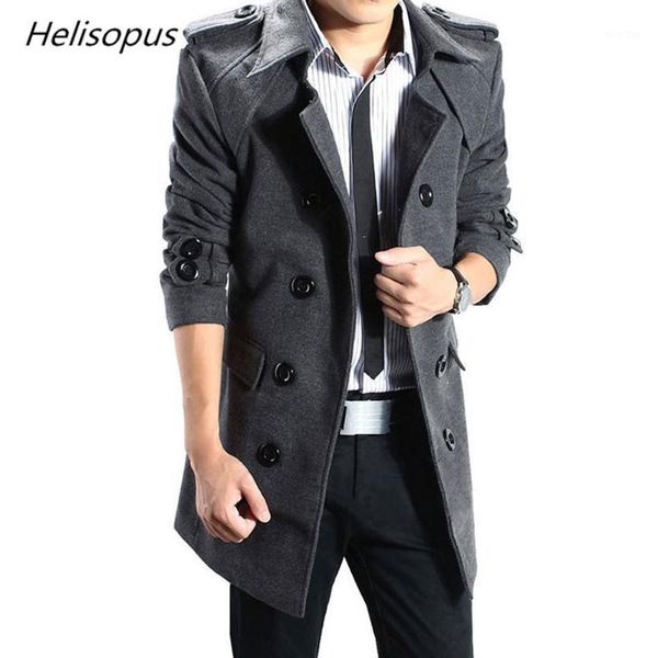 

helisopus men's autumn winter fashion coat turn-down collar long double breasted trench coat men's jacket large size1, Black